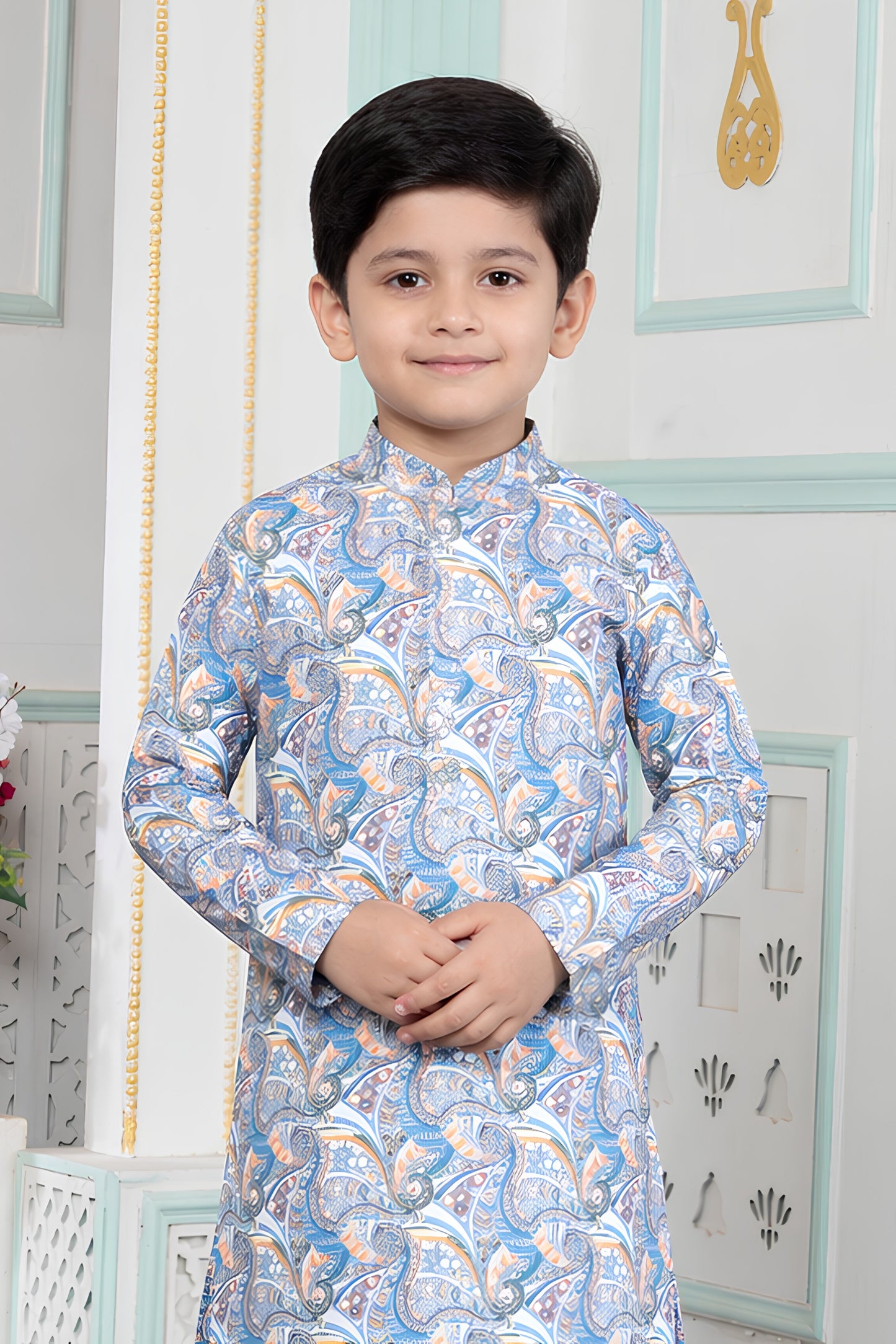 Impressive Sky Blue Art Silk Digital Print Designer Boys Kurta Pyjama Set for Wedding