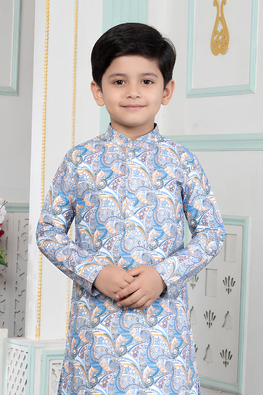 Impressive Sky Blue Art Silk Digital Print Designer Boys Kurta Pyjama Set for Wedding