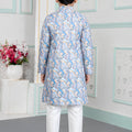 Impressive Sky Blue Art Silk Digital Print Designer Boys Kurta Pyjama Set for Wedding