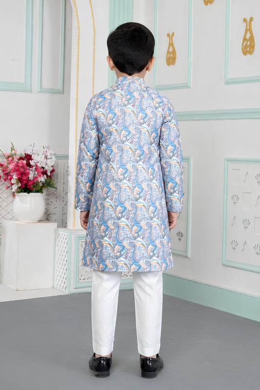Impressive Sky Blue Art Silk Digital Print Designer Boys Kurta Pyjama Set for Wedding