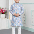 Impressive Sky Blue Art Silk Digital Print Designer Boys Kurta Pyjama Set for Wedding