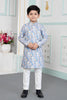 Impressive Sky Blue Art Silk Digital Print Designer Boys Kurta Pyjama Set for Wedding