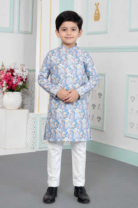 Impressive Sky Blue Art Silk Digital Print Designer Boys Kurta Pyjama Set for Wedding