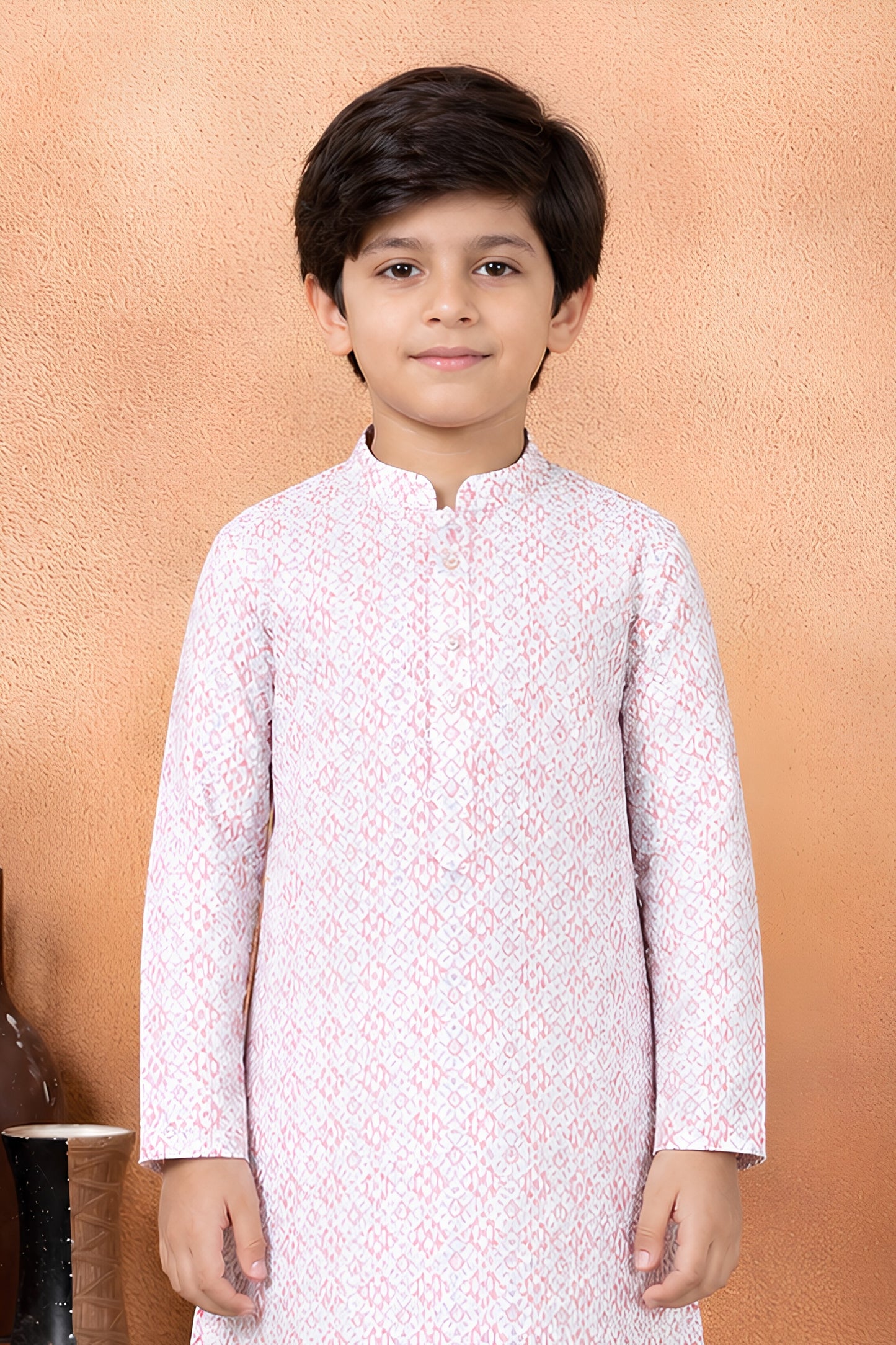 Unique Pink Art Silk Digital Print Designer Boys Kurta Pyjama Set for Wedding