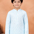 Amazing Sky Blue Art Silk Digital Print Designer Boys Kurta Pyjama Set for Wedding
