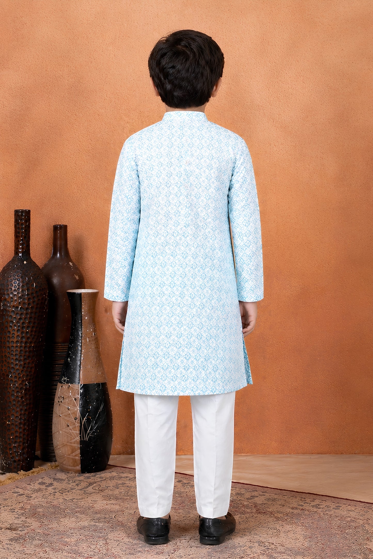 Amazing Sky Blue Art Silk Digital Print Designer Boys Kurta Pyjama Set for Wedding