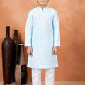 Amazing Sky Blue Art Silk Digital Print Designer Boys Kurta Pyjama Set for Wedding