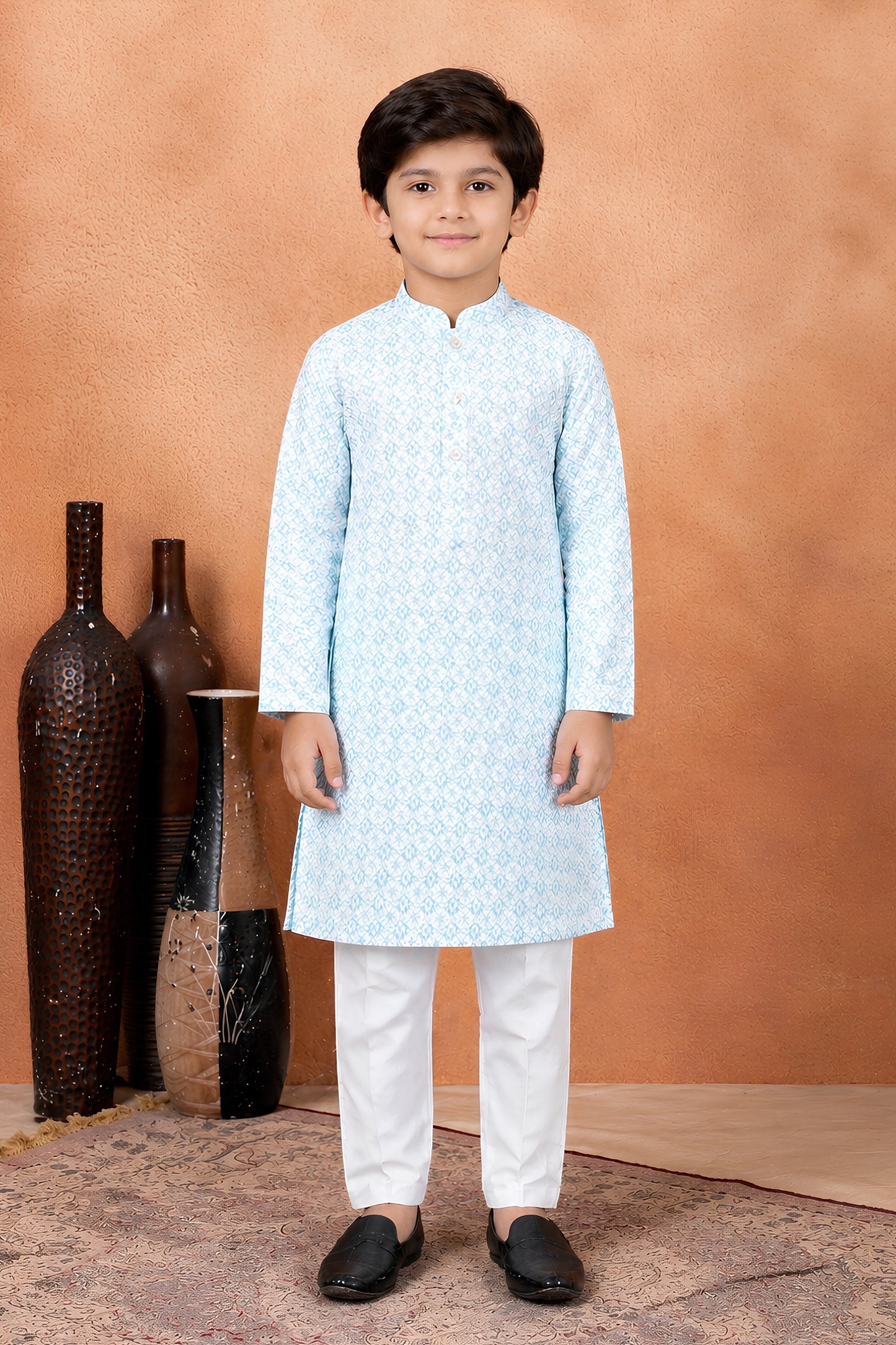 Amazing Sky Blue Art Silk Digital Print Designer Boys Kurta Pyjama Set for Wedding