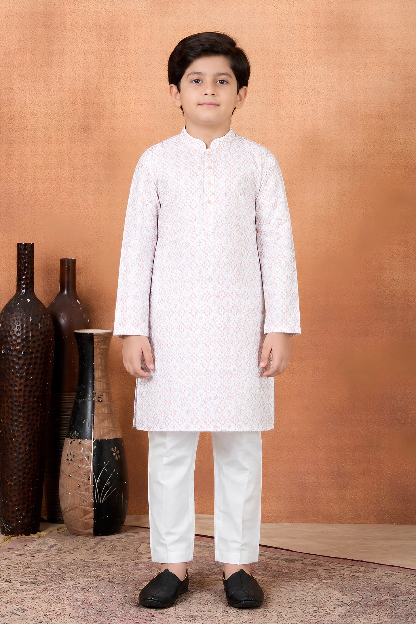 Excellent Pink Art Silk Digital Print Designer Boys Kurta Pyjama Set for Wedding