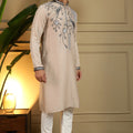 Luxury Beige Viscose Silk Embroidered Designer Kurta Pyjama for Men