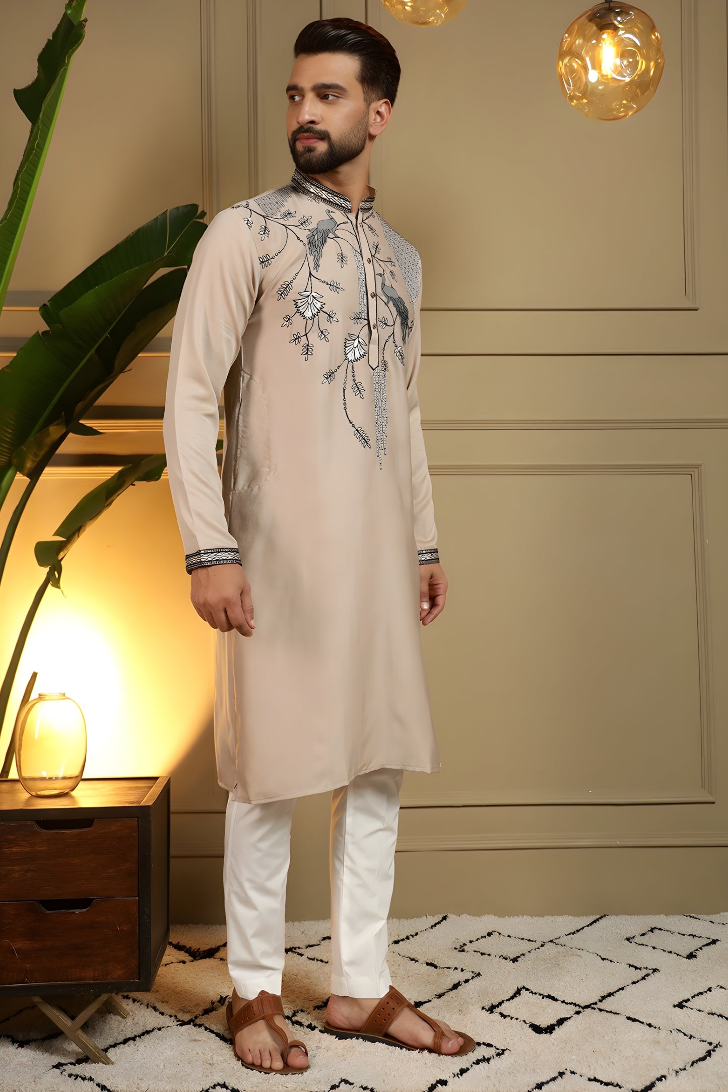 Luxury Beige Viscose Silk Embroidered Designer Kurta Pyjama for Men