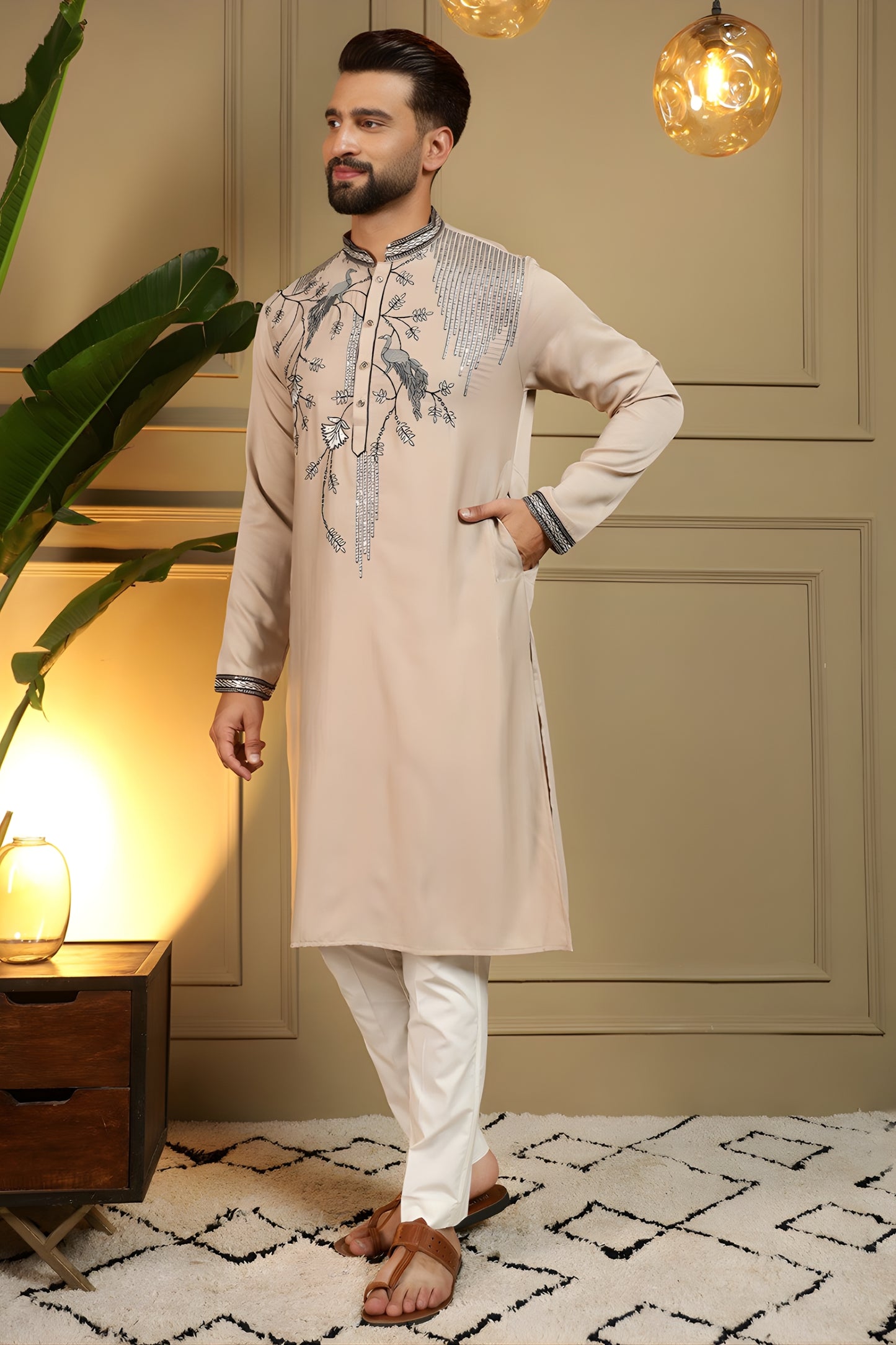 Luxury Beige Viscose Silk Embroidered Designer Kurta Pyjama for Men
