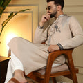Luxury Beige Viscose Silk Embroidered Designer Kurta Pyjama for Men
