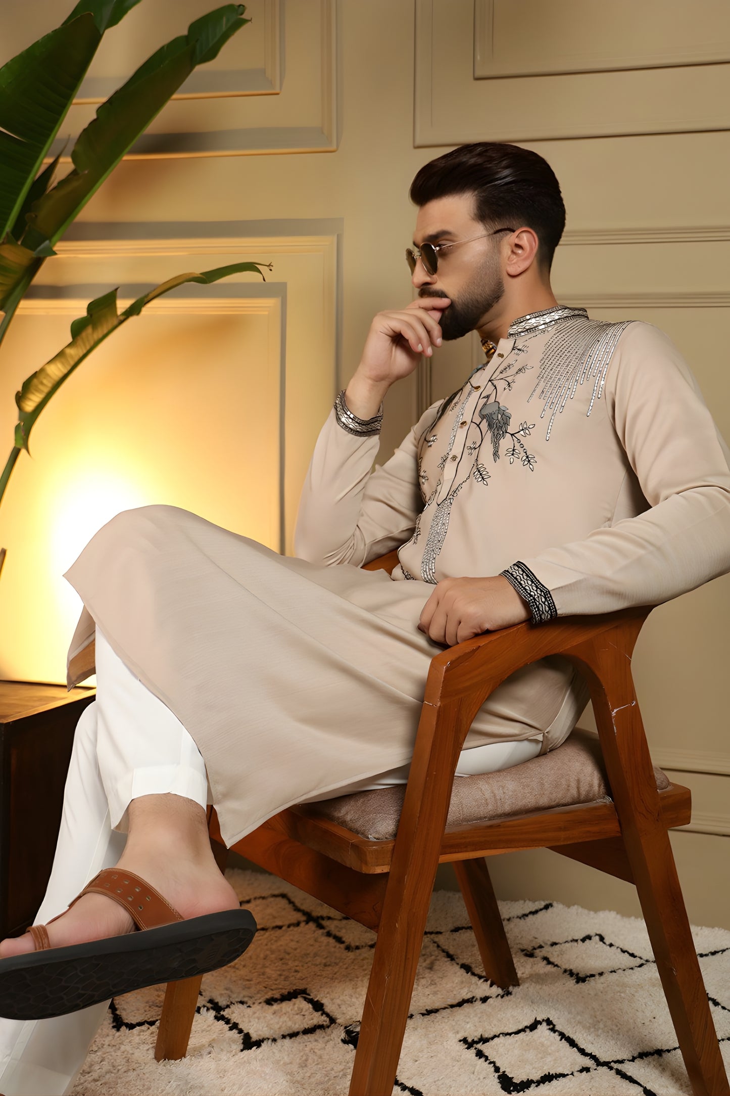 Luxury Beige Viscose Silk Embroidered Designer Kurta Pyjama for Men