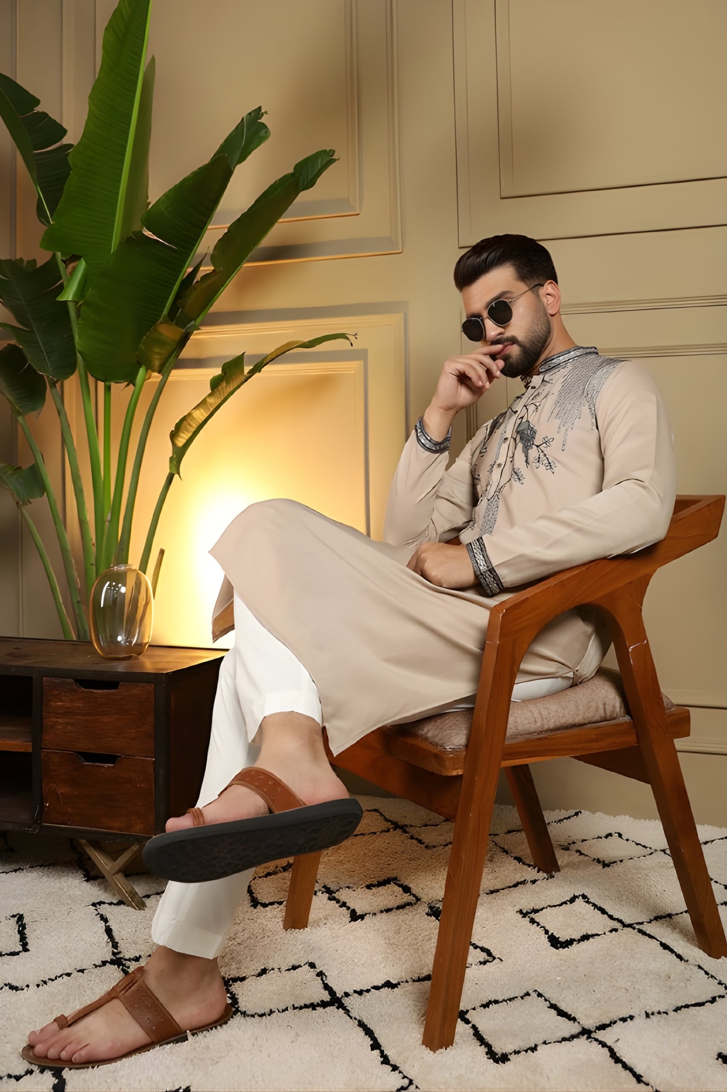 Luxury Beige Viscose Silk Embroidered Designer Kurta Pyjama for Men