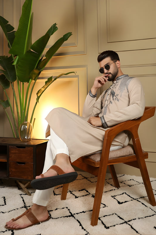 Luxury Beige Viscose Silk Embroidered Designer Kurta Pyjama for Men