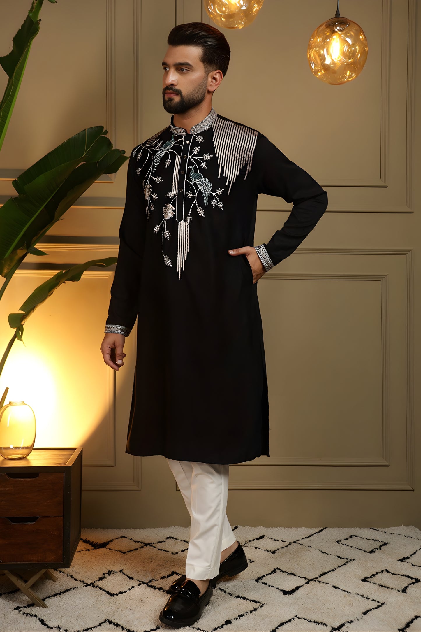 Stylish Black Viscose Silk Embroidered Designer Kurta Pyjama for Men