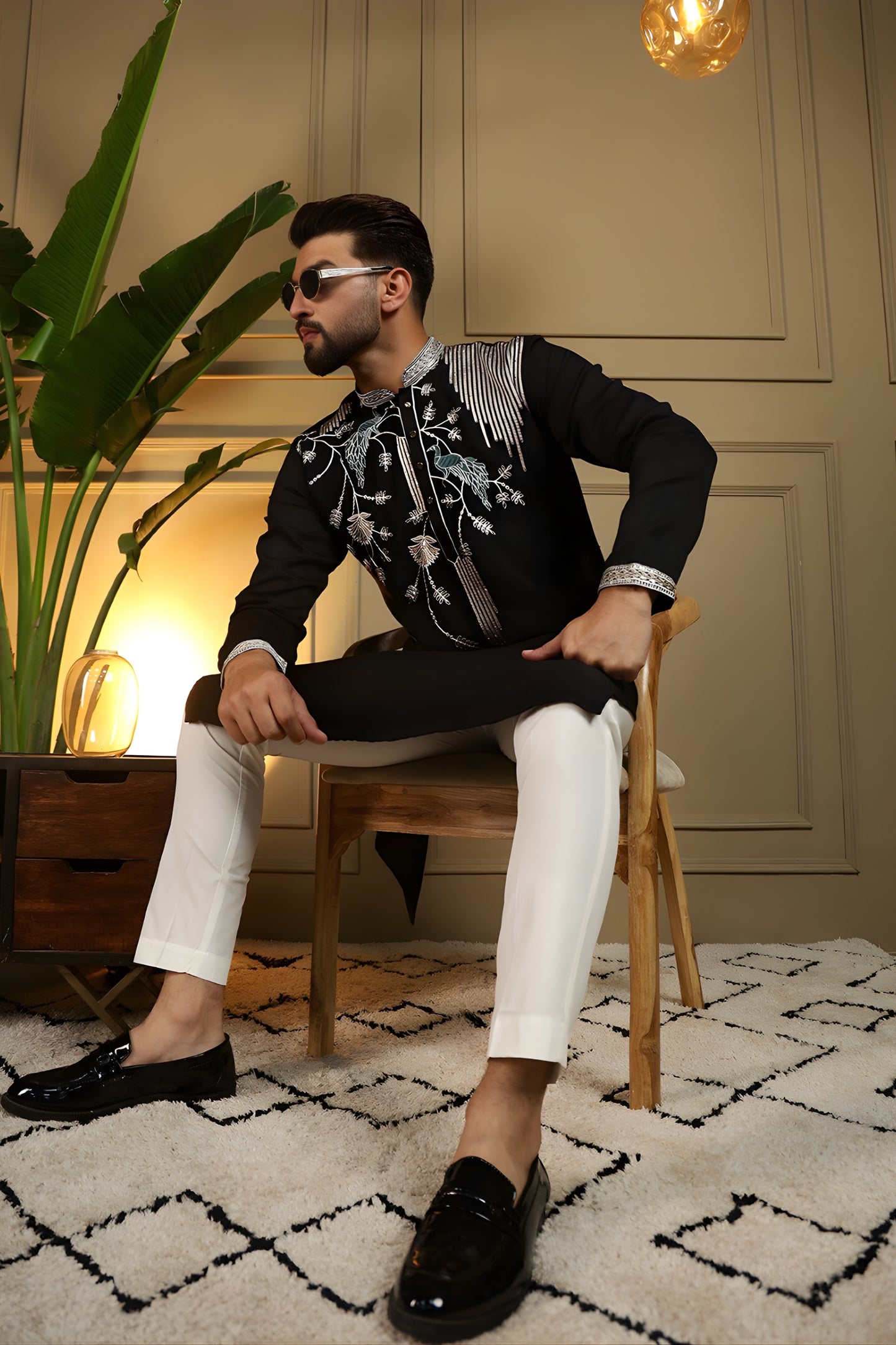 Stylish Black Viscose Silk Embroidered Designer Kurta Pyjama for Men