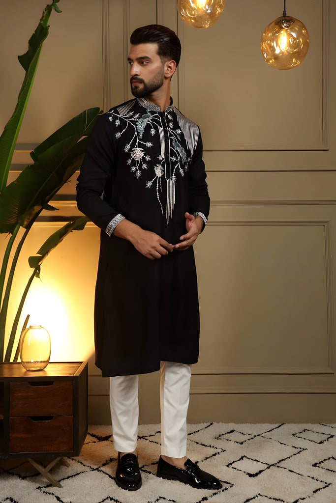 Stylish Black Viscose Silk Embroidered Designer Kurta Pyjama for Men