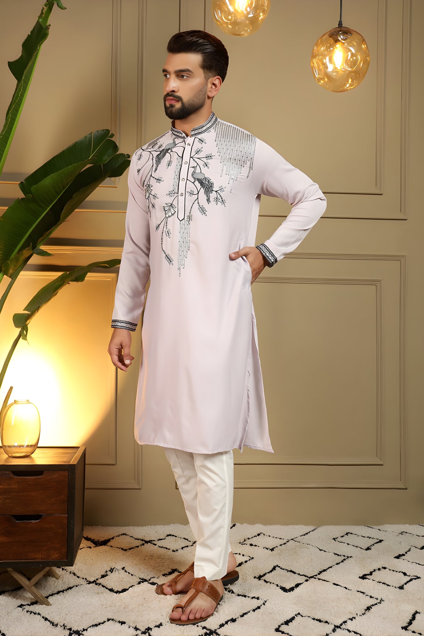 Grateful Pink Viscose Silk Embroidered Designer Kurta Pyjama for Men