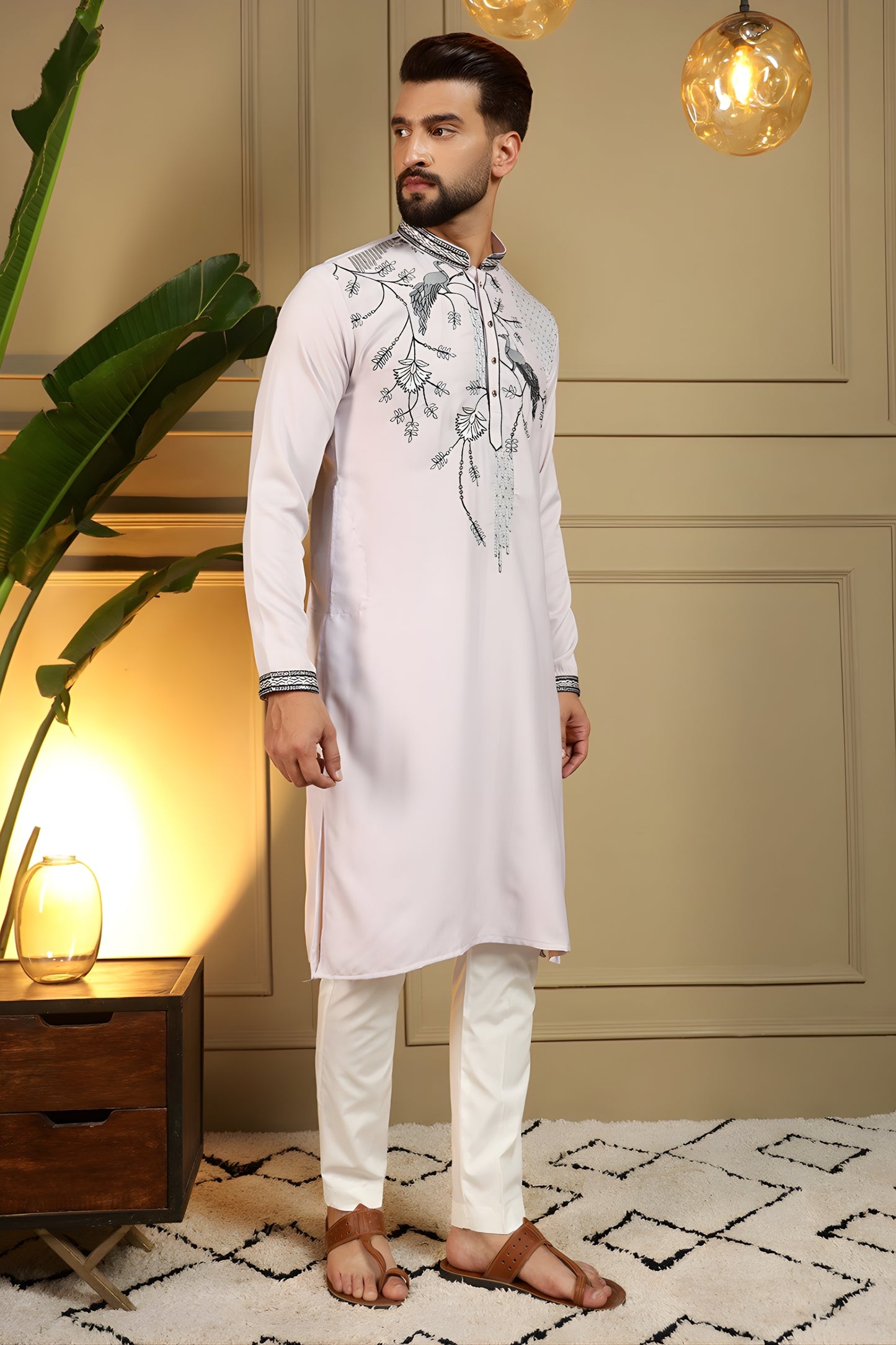 Grateful Pink Viscose Silk Embroidered Designer Kurta Pyjama for Men