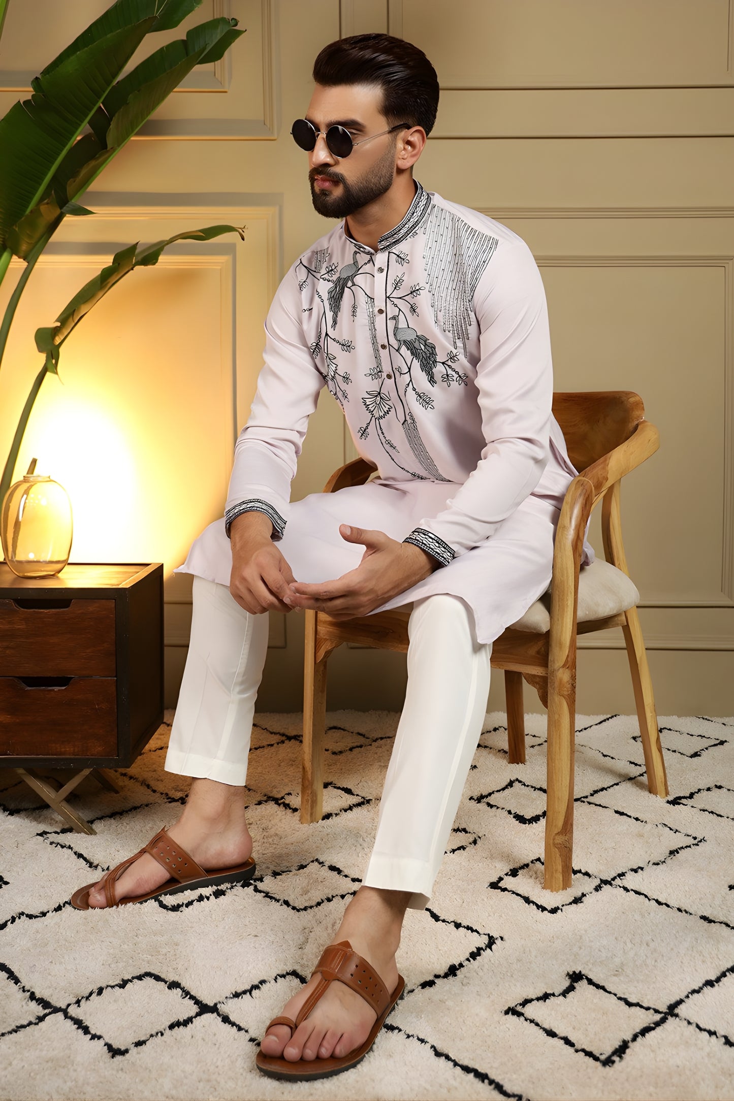 Grateful Pink Viscose Silk Embroidered Designer Kurta Pyjama for Men