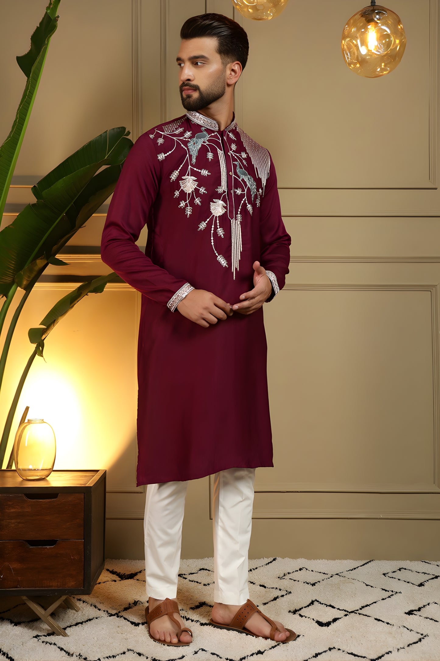 Royal Maroon Viscose Silk Embroidered Designer Kurta Pyjama for Men