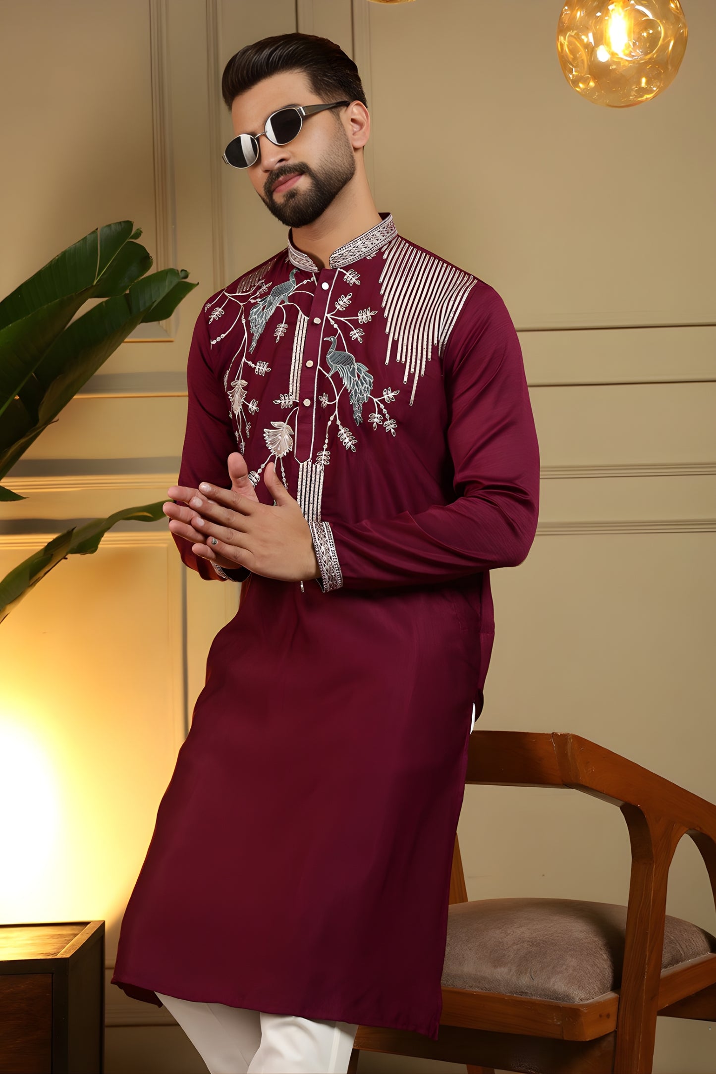 Royal Maroon Viscose Silk Embroidered Designer Kurta Pyjama for Men
