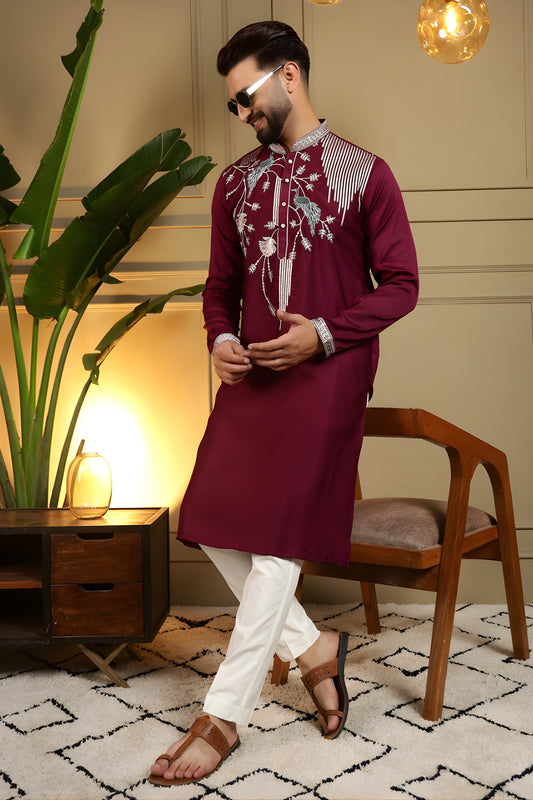 Royal Maroon Viscose Silk Embroidered Designer Kurta Pyjama for Men