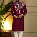 Royal Maroon Viscose Silk Embroidered Designer Kurta Pyjama for Men