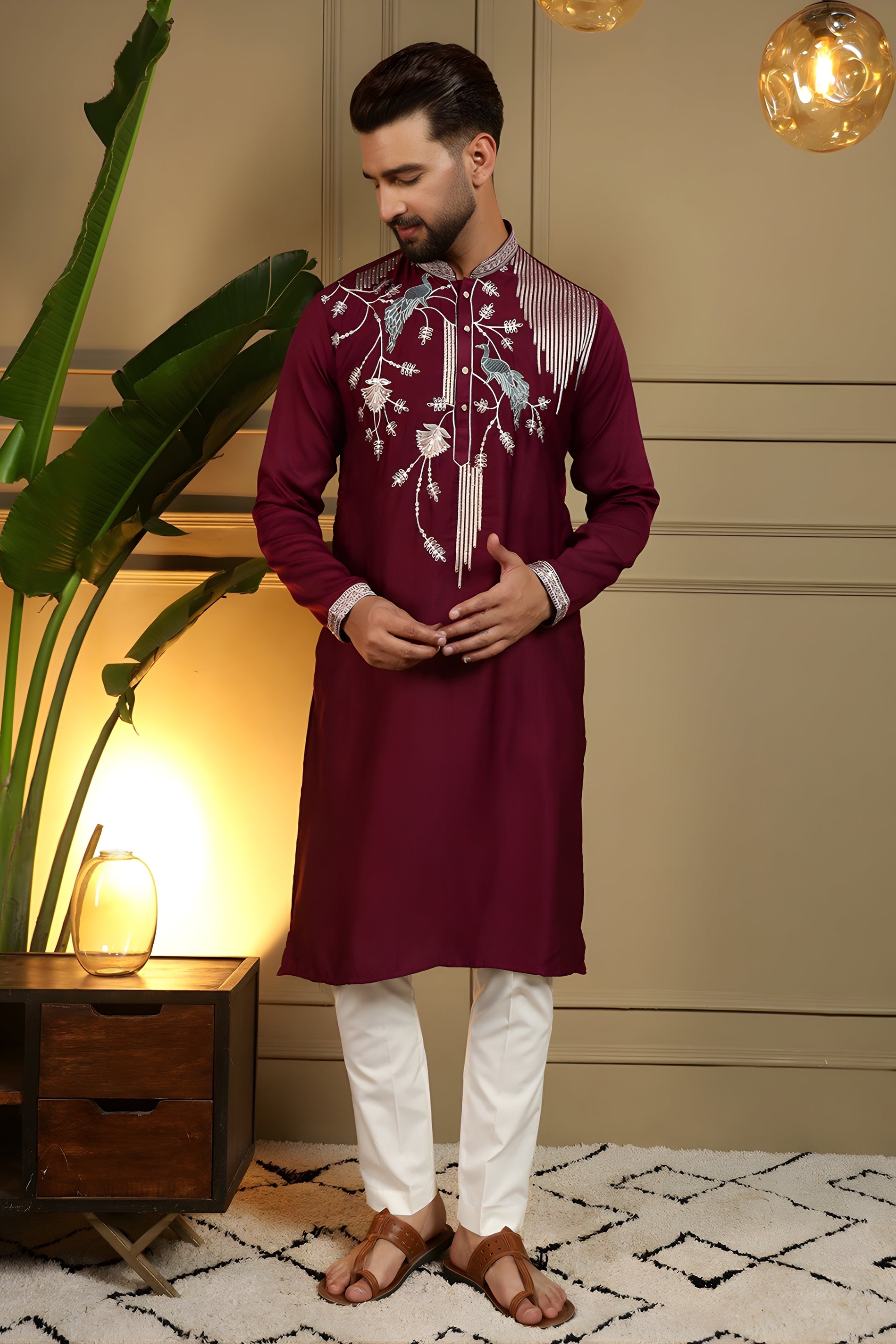 Royal Maroon Viscose Silk Embroidered Designer Kurta Pyjama for Men