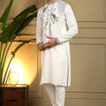 Premium White Viscose Silk Embroidered Designer Kurta Pyjama for Men
