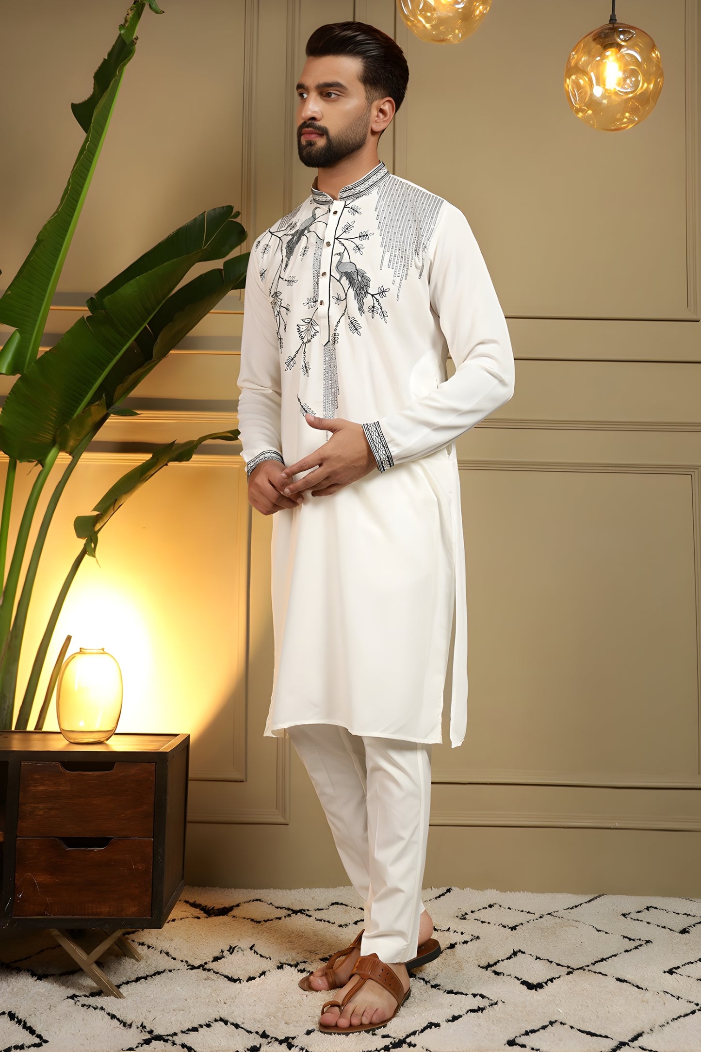 Premium White Viscose Silk Embroidered Designer Kurta Pyjama for Men