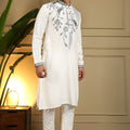 Premium White Viscose Silk Embroidered Designer Kurta Pyjama for Men