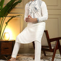 Premium White Viscose Silk Embroidered Designer Kurta Pyjama for Men