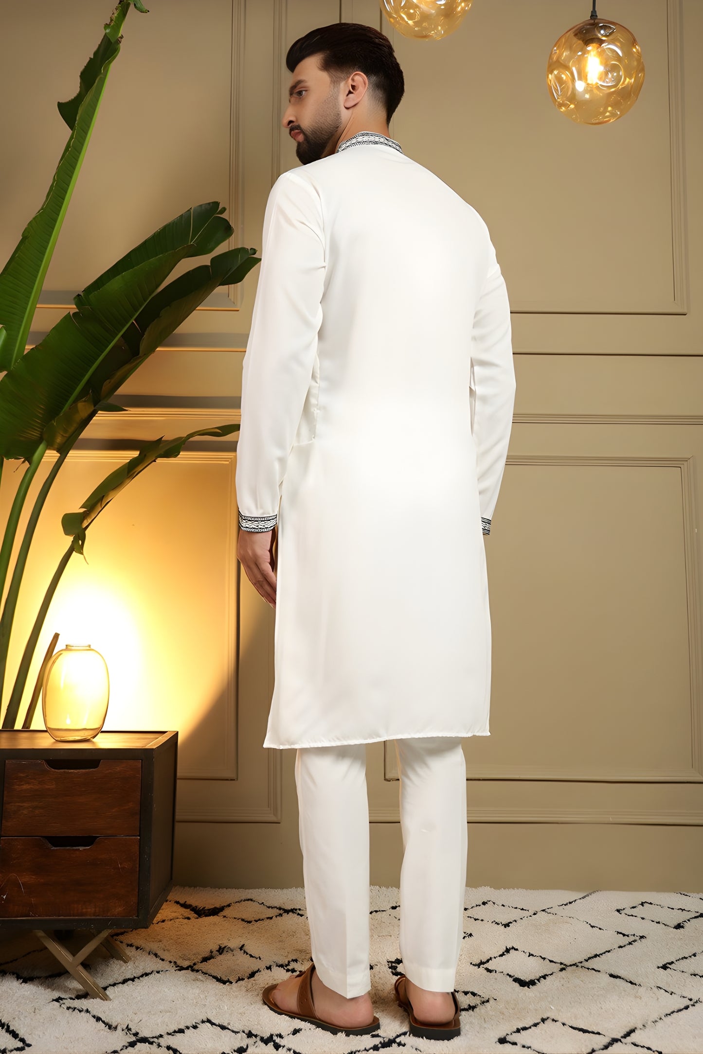 Premium White Viscose Silk Embroidered Designer Kurta Pyjama for Men