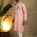 Elegant Peach Viscose Silk Embroidered Designer Kurta Pyjama for Men