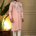 Elegant Peach Viscose Silk Embroidered Designer Kurta Pyjama for Men