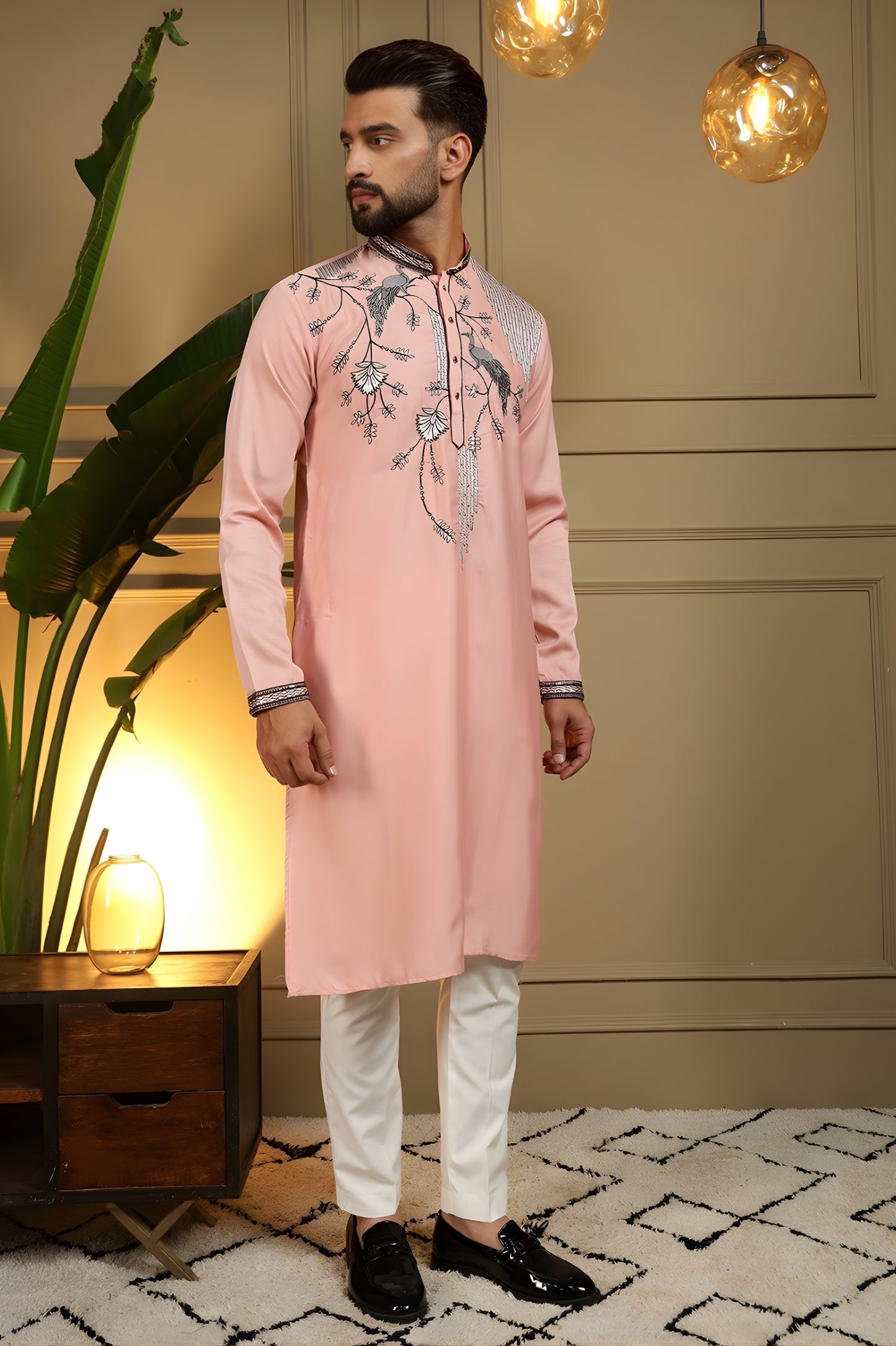 Elegant Peach Viscose Silk Embroidered Designer Kurta Pyjama for Men