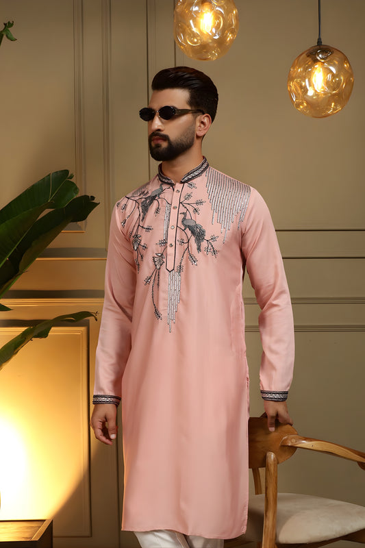 Elegant Peach Viscose Silk Embroidered Designer Kurta Pyjama for Men