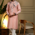 Elegant Peach Viscose Silk Embroidered Designer Kurta Pyjama for Men