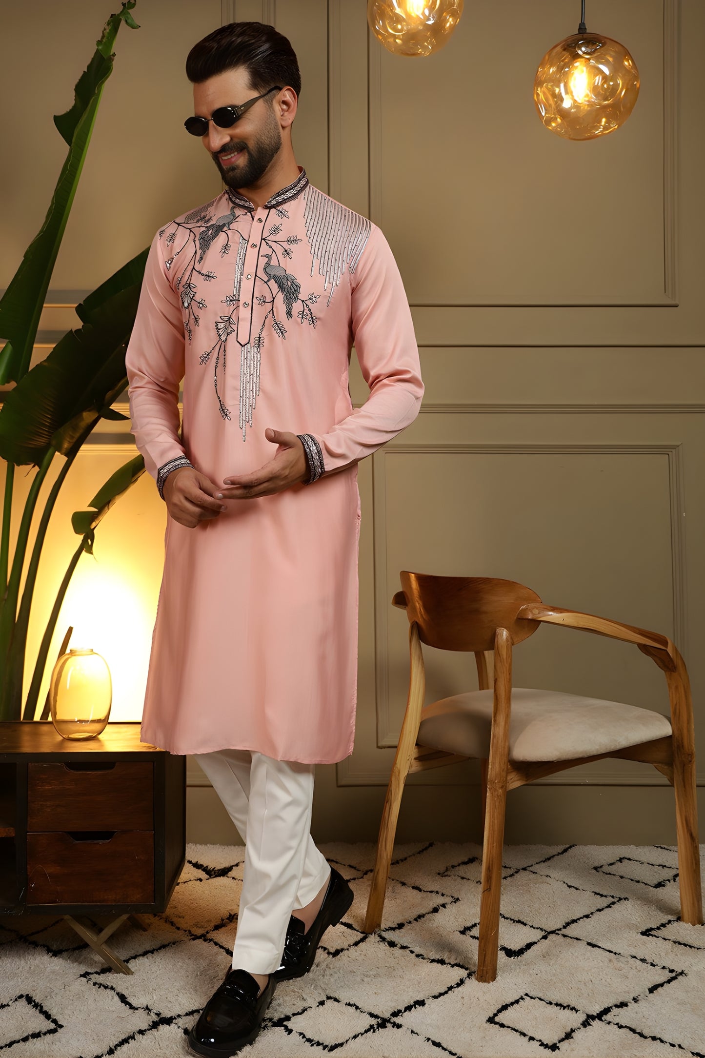 Elegant Peach Viscose Silk Embroidered Designer Kurta Pyjama for Men