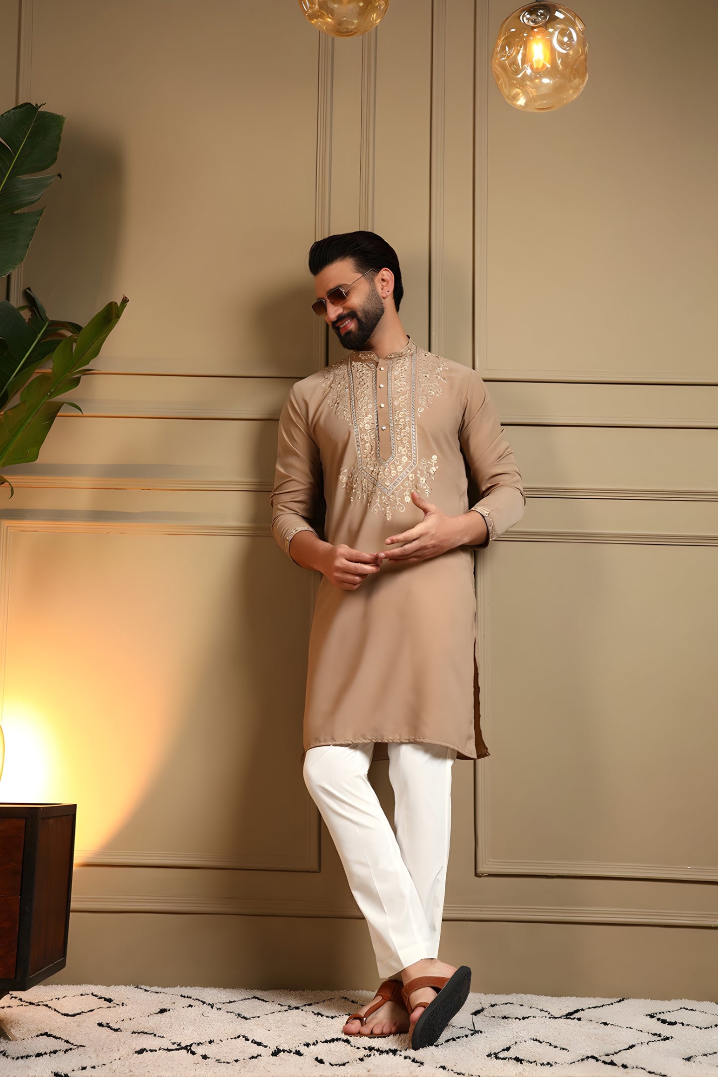 Stunning Beige Armani Lachko Embroidered Designer Kurta Pyjama for Men