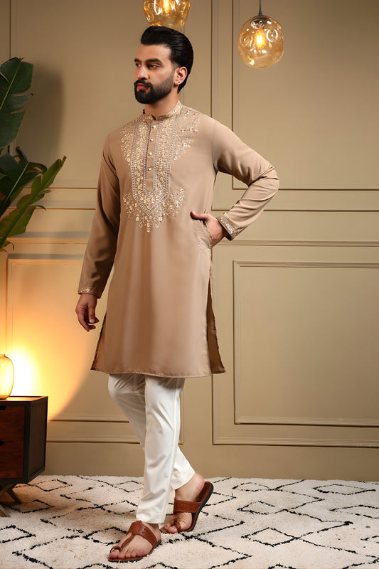 Stunning Beige Armani Lachko Embroidered Designer Kurta Pyjama for Men