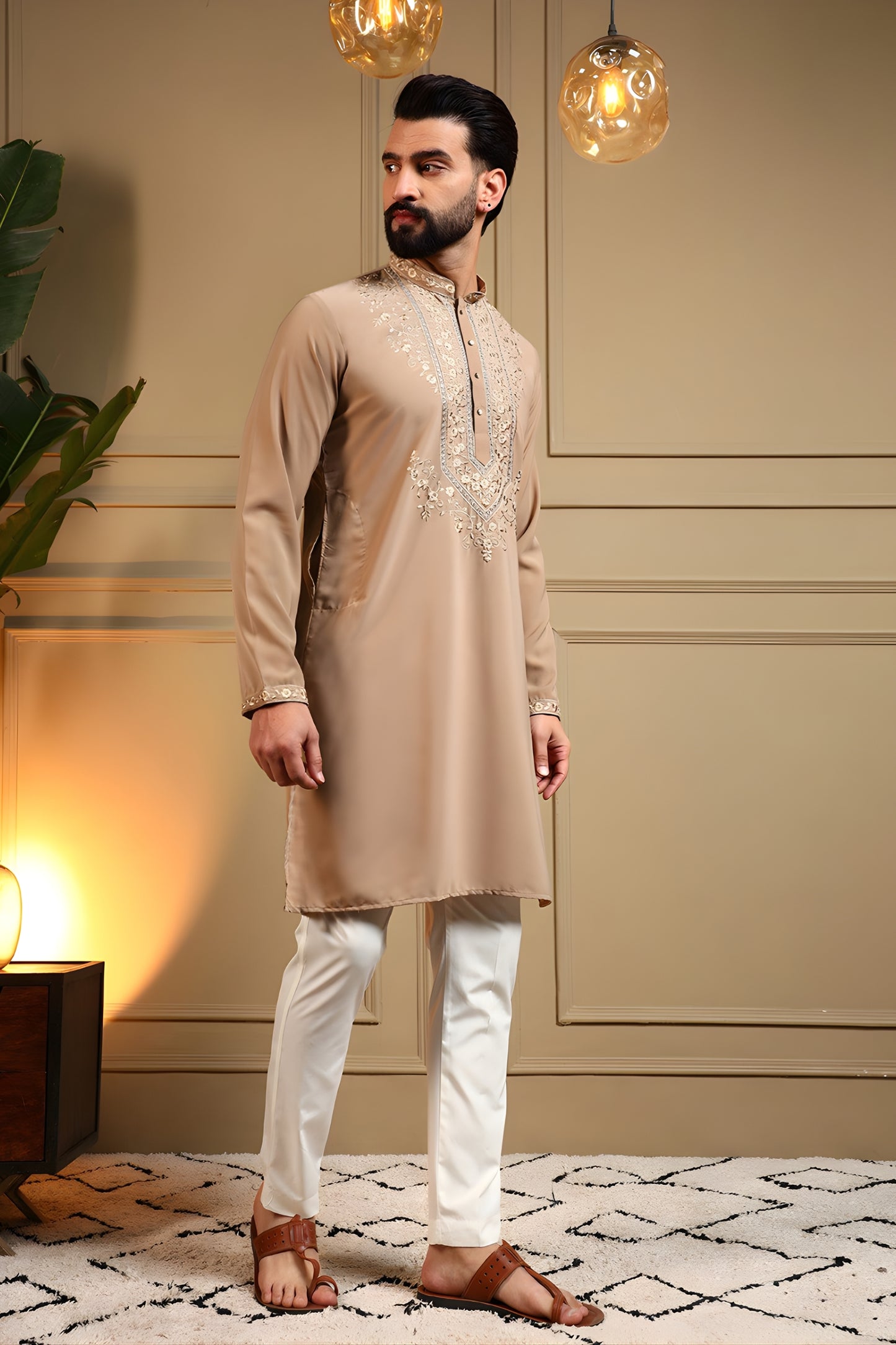Stunning Beige Armani Lachko Embroidered Designer Kurta Pyjama for Men