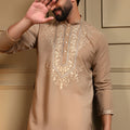 Stunning Beige Armani Lachko Embroidered Designer Kurta Pyjama for Men