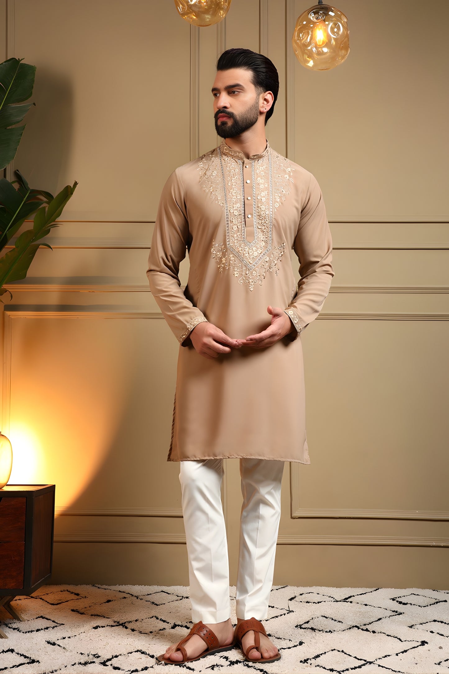 Stunning Beige Armani Lachko Embroidered Designer Kurta Pyjama for Men