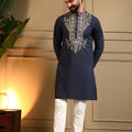 Unique Navy Blue Armani Lachko Embroidered Designer Kurta Pyjama for Men