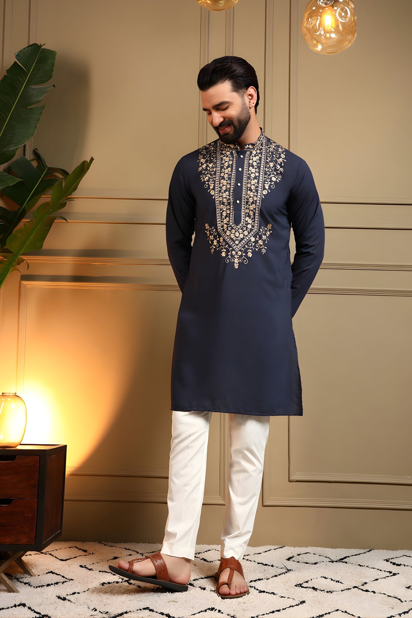 Unique Navy Blue Armani Lachko Embroidered Designer Kurta Pyjama for Men
