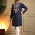 Unique Navy Blue Armani Lachko Embroidered Designer Kurta Pyjama for Men